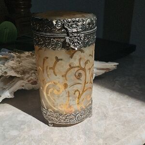 Ornate Silver and Gold Trinket Holder Glass 7"Hx3"W